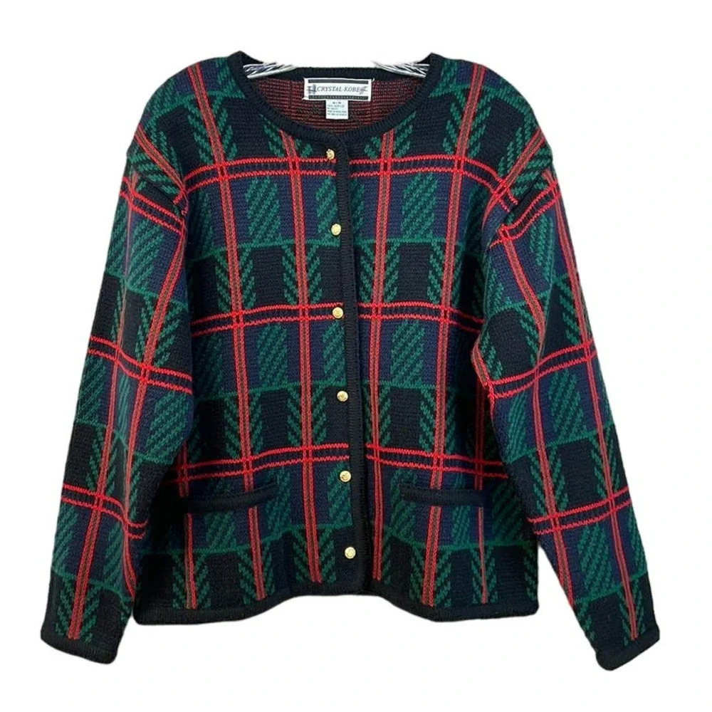 Vintage 90's Crystal-Kobe Women's‎ Blue/Red/Green Plaid Button Front Cardigan M